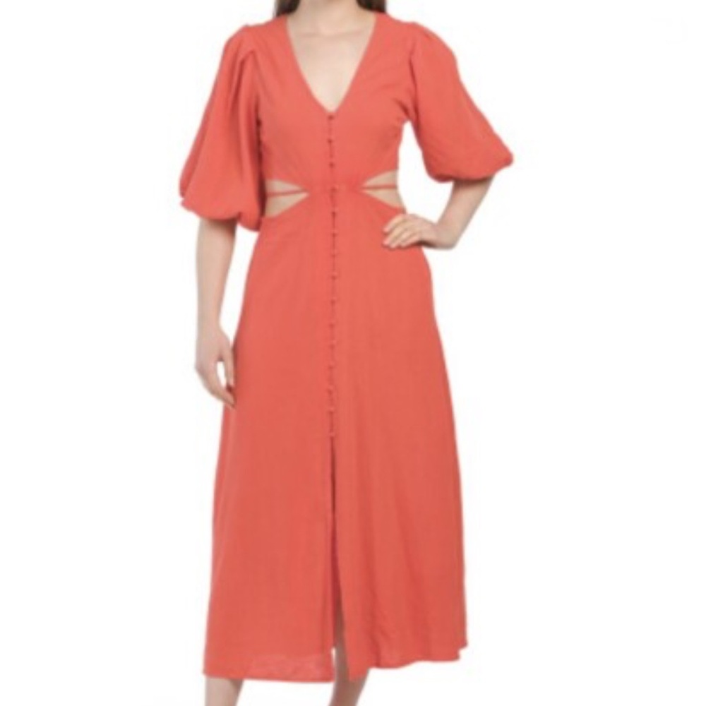 Young Fabulous & Broke High Tea Linen Blend Cut Out Puff Sleeve Midi Dress SMALL